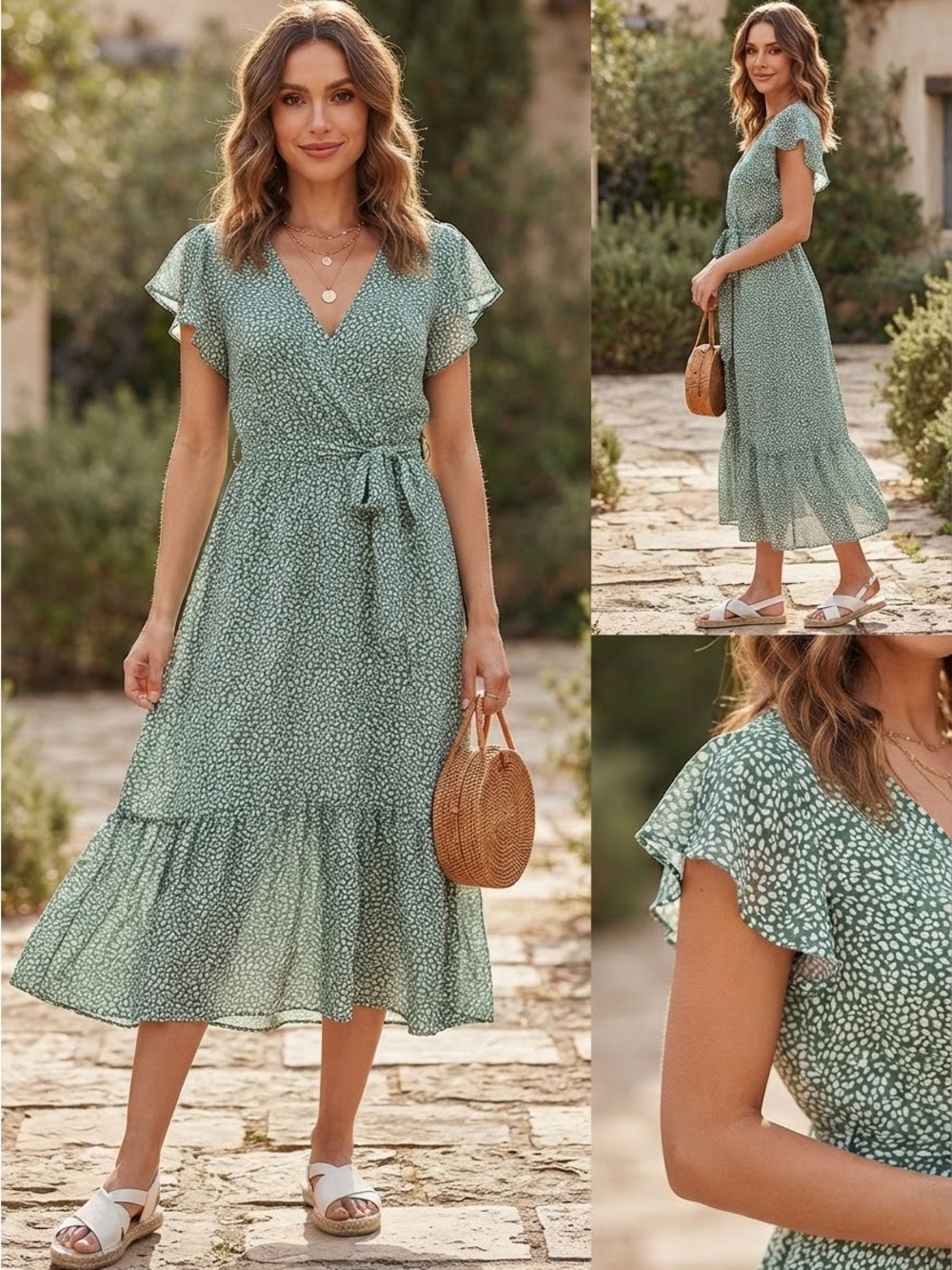 BTFBM Green White Animal Print Ruffle Short Sleeve Midi Dress Medium M